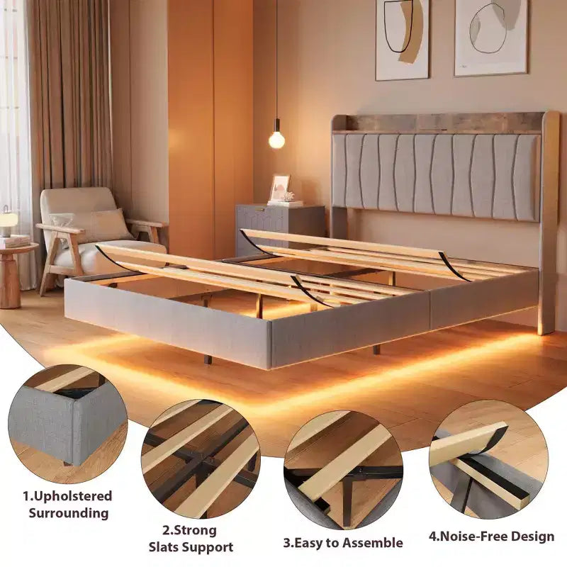 Lit plateforme flottant rembourré beige/noir/gris avec tête de lit LED et ports de chargement – Double/Queen/King, 1-2 personnes