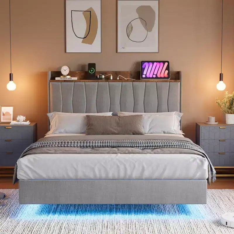 Lit plateforme flottant rembourré beige/noir/gris avec tête de lit LED et ports de chargement – Double/Queen/King, 1-2 personnes