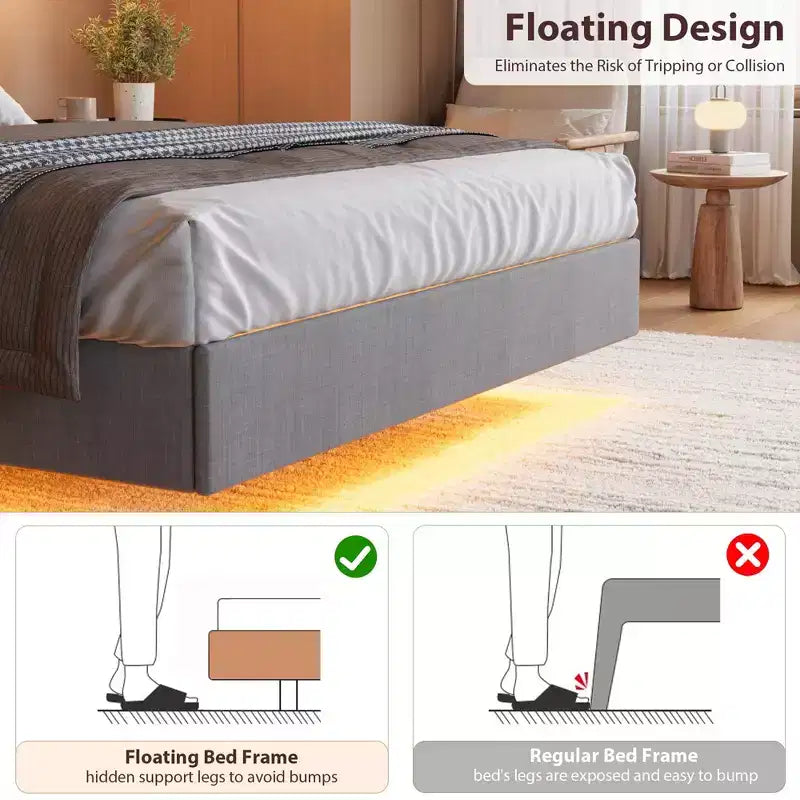 Lit plateforme flottant rembourré beige/noir/gris avec tête de lit LED et ports de chargement – Double/Queen/King, 1-2 personnes