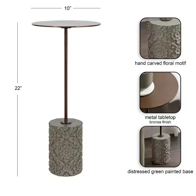 Petite table d'appoint ronde verte, bois et métal, pour 1 personne