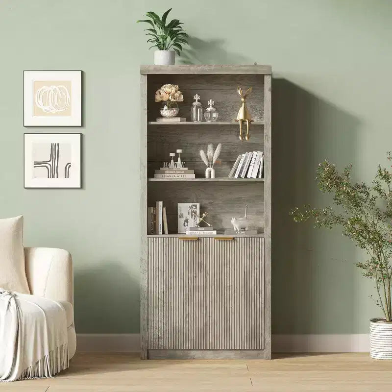 Bibliothèque à 5 niveaux avec tiroir et portes, noir/gris/naturel/blanc, style rustique, assemblage par une seule personne