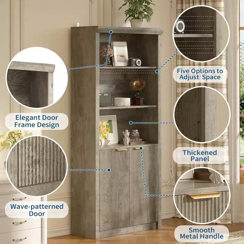 Bibliothèque à 5 niveaux avec tiroir et portes, noir/gris/naturel/blanc, style rustique, assemblage par une seule personne