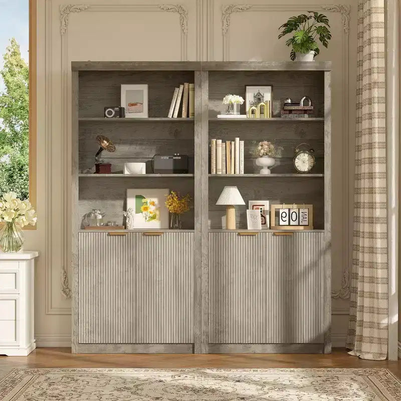 Bibliothèque à 5 niveaux avec tiroir et portes, noir/gris/naturel/blanc, style rustique, assemblage par une seule personne