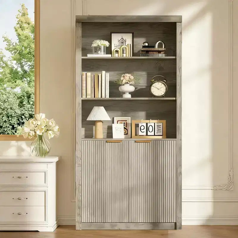 Bibliothèque à 5 niveaux avec tiroir et portes, noir/gris/naturel/blanc, style rustique, assemblage par une seule personne