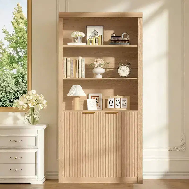 Bibliothèque à 5 niveaux avec tiroir et portes, noir/gris/naturel/blanc, style rustique, assemblage par une seule personne