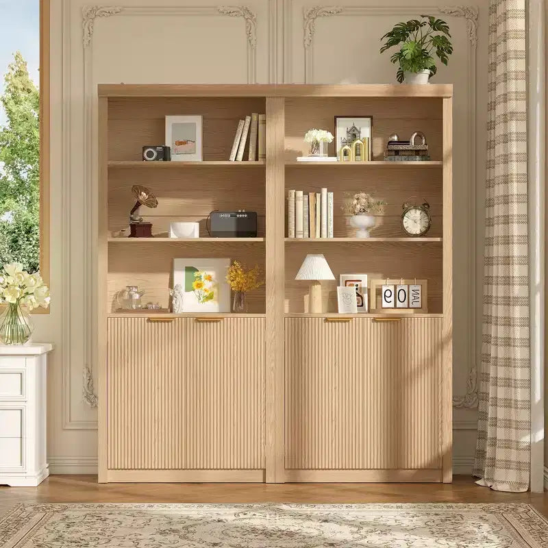 Bibliothèque à 5 niveaux avec tiroir et portes, noir/gris/naturel/blanc, style rustique, assemblage par une seule personne