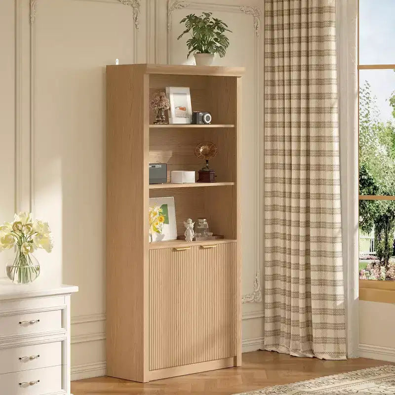 Bibliothèque à 5 niveaux avec tiroir et portes, noir/gris/naturel/blanc, style rustique, assemblage par une seule personne