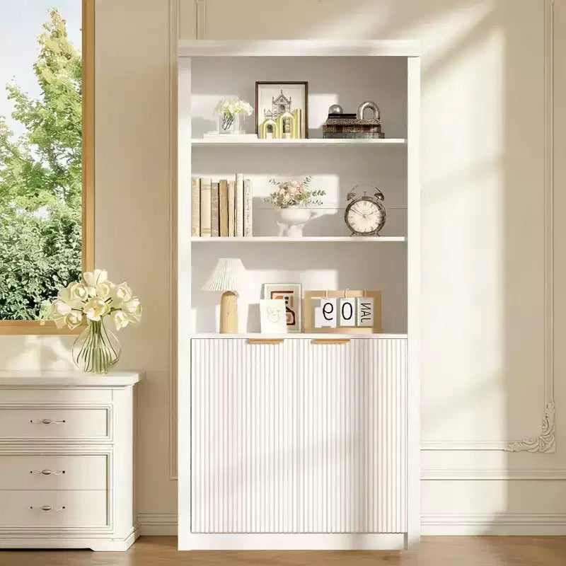 Bibliothèque à 5 niveaux avec tiroir et portes, noir/gris/naturel/blanc, style rustique, assemblage par une seule personne