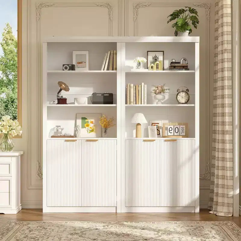 Bibliothèque à 5 niveaux avec tiroir et portes, noir/gris/naturel/blanc, style rustique, assemblage par une seule personne
