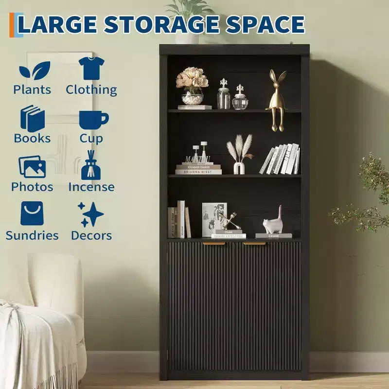 Bibliothèque à 5 niveaux avec tiroir et portes, noir/gris/naturel/blanc, style rustique, assemblage par une seule personne