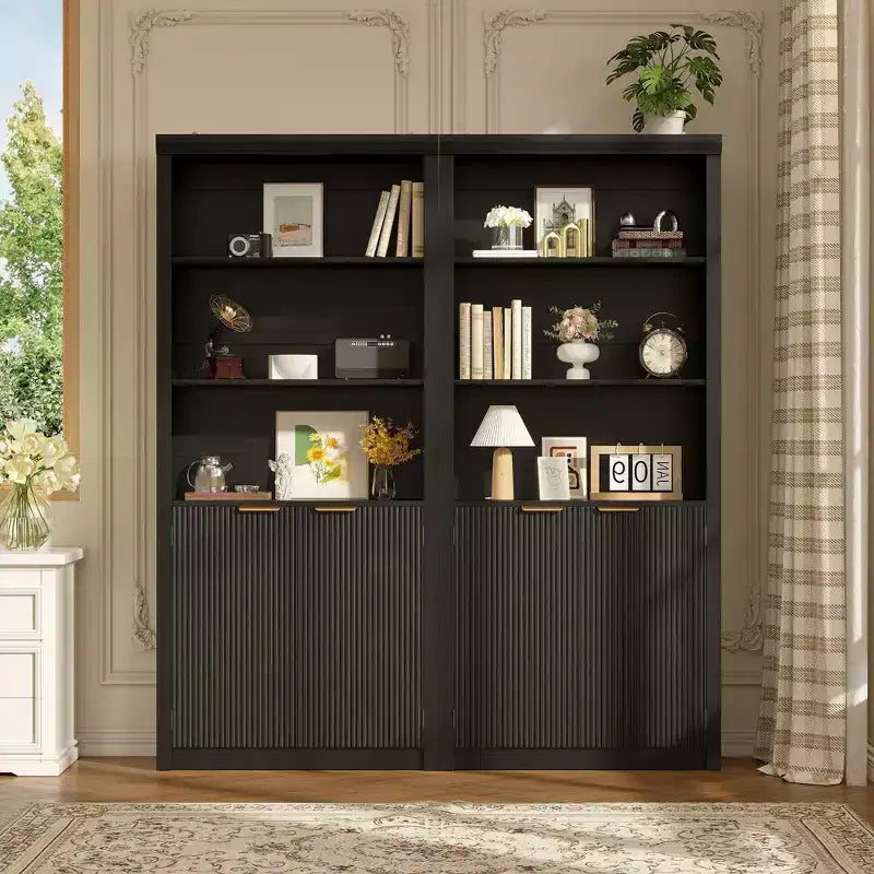 Bibliothèque à 5 niveaux avec tiroir et portes, noir/gris/naturel/blanc, style rustique, assemblage par une seule personne