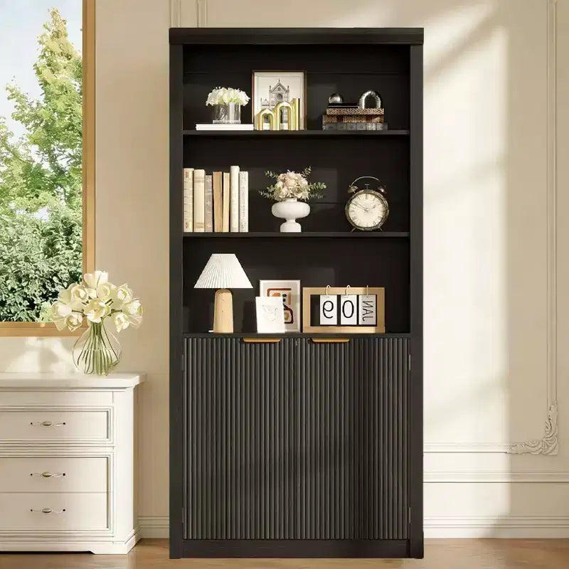 Bibliothèque à 5 niveaux avec tiroir et portes, noir/gris/naturel/blanc, style rustique, assemblage par une seule personne