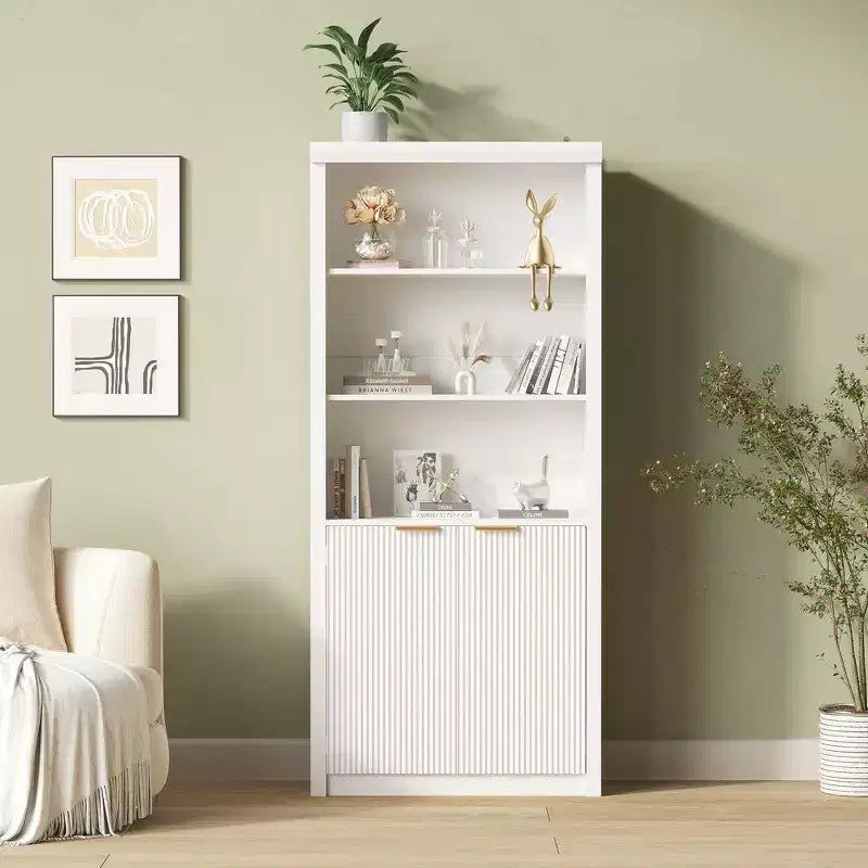 Bibliothèque à 5 niveaux avec tiroir et portes, noir/gris/naturel/blanc, style rustique, assemblage par une seule personne
