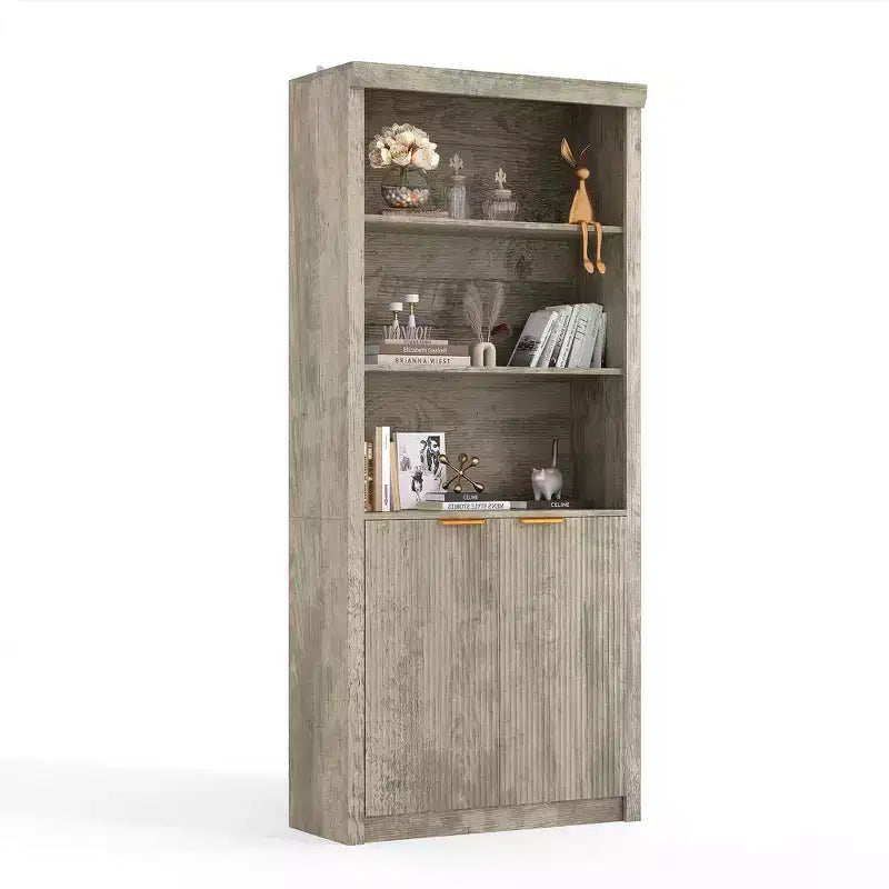 Bibliothèque à 5 niveaux avec tiroir et portes, noir/gris/naturel/blanc, style rustique, assemblage par une seule personne