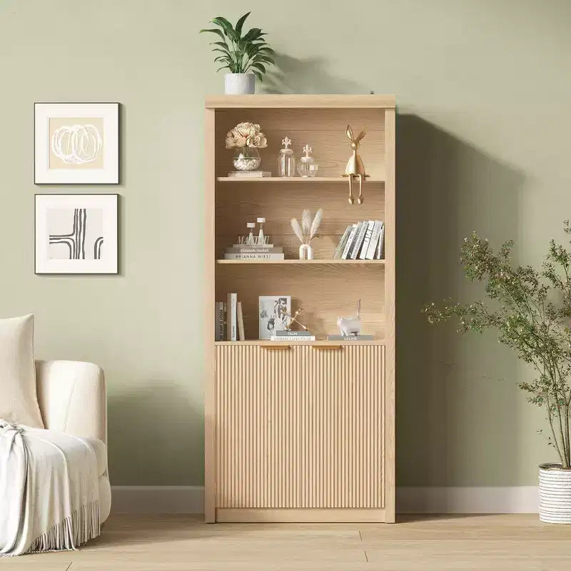 Bibliothèque à 5 niveaux avec tiroir et portes, noir/gris/naturel/blanc, style rustique, assemblage par une seule personne