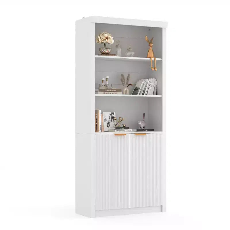 Bibliothèque à 5 niveaux avec tiroir et portes, noir/gris/naturel/blanc, style rustique, assemblage par une seule personne