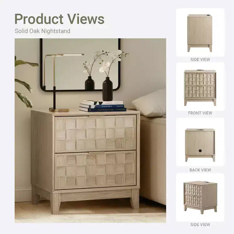 Table de chevet chêne/noyer avec station de charge – 2 tiroirs, 1 ou 2 pièces