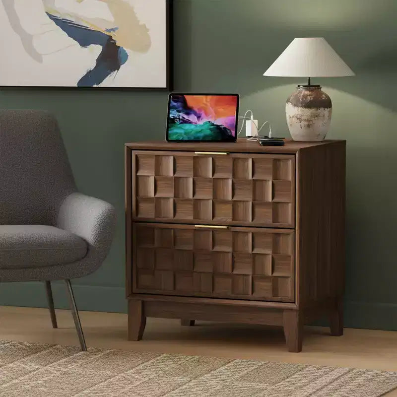 Table de chevet chêne/noyer avec station de charge – 2 tiroirs, 1 ou 2 pièces