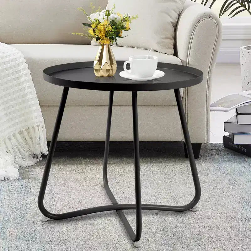 ModernLuxe Round Metal Outdoor Side Table, End Table with X-Shaped Anti-Rust Frame and Non-Slip Tabletop