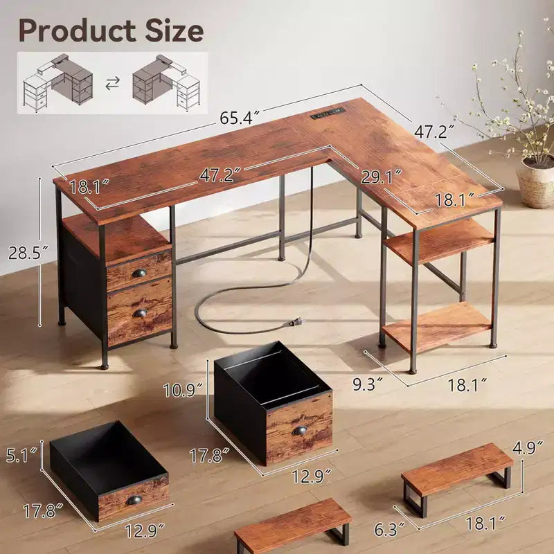 Bureau d'angle marron avec station de charge, supports d'écran et tiroir de classement – 2 personnes