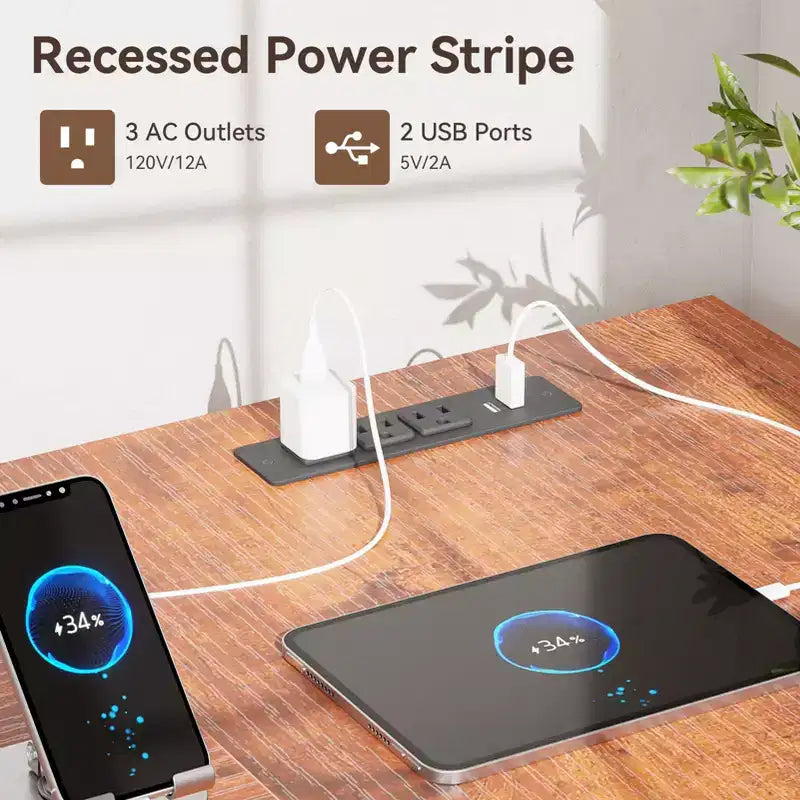 Bureau d'angle marron avec station de charge, supports d'écran et tiroir de classement – 2 personnes