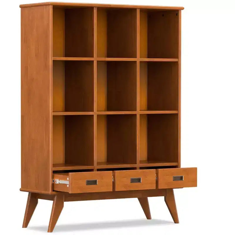 Bibliothèque de rangement 9 cubes couleur teck avec 3 tiroirs, style Mid-Century, montage par 1 personne