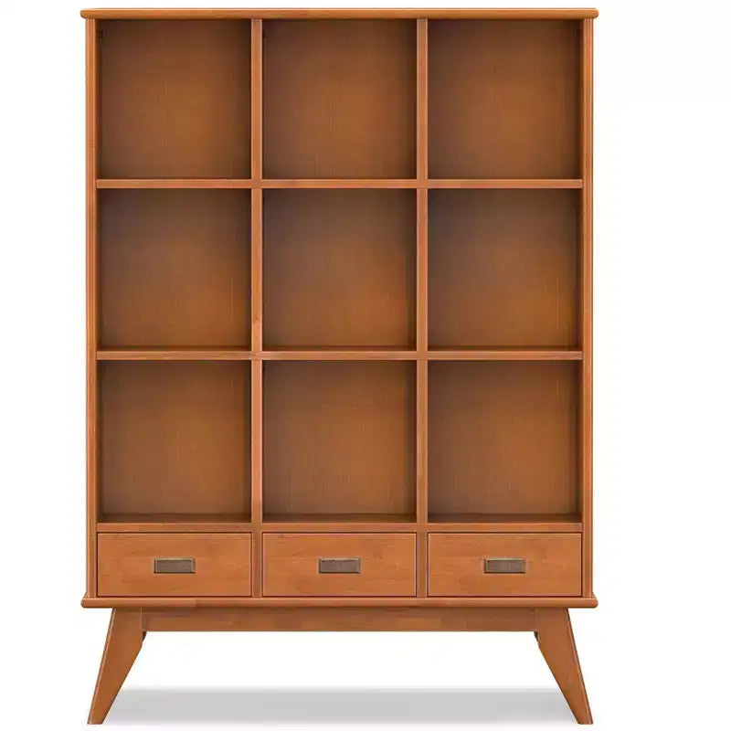 Bibliothèque de rangement 9 cubes couleur teck avec 3 tiroirs, style Mid-Century, montage par 1 personne