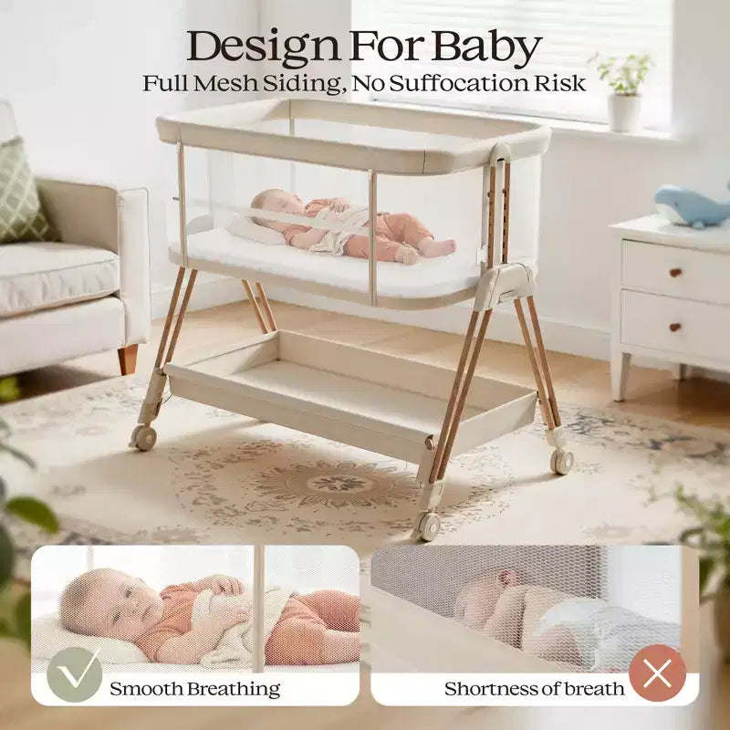 Berceau cododo beige/jaune avec roulettes et plateau de rangement – Pour 1 nouveau-né (0-2 ans)