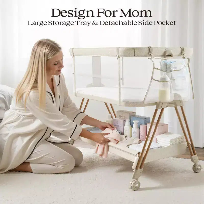 Berceau cododo beige/jaune avec roulettes et plateau de rangement – Pour 1 nouveau-né (0-2 ans)