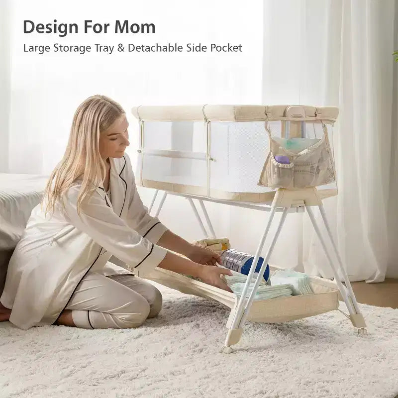 Berceau cododo beige/jaune avec roulettes et plateau de rangement – Pour 1 nouveau-né (0-2 ans)