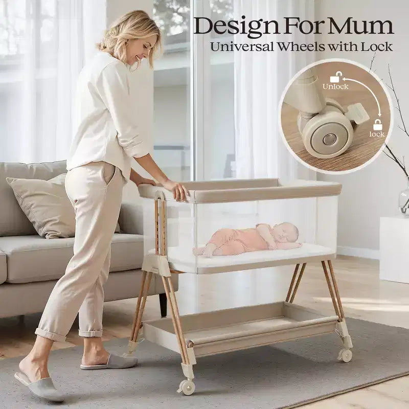 Berceau cododo beige/jaune avec roulettes et plateau de rangement – Pour 1 nouveau-né (0-2 ans)