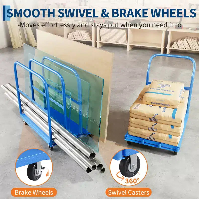 Chariot plat pliable 2-en-1 avec mains courantes, noir / bleu / rouge, capacité de 907 kg, utilisation par 1 personne