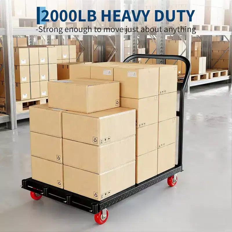 Chariot plat pliable 2-en-1 avec mains courantes, noir / bleu / rouge, capacité de 907 kg, utilisation par 1 personne