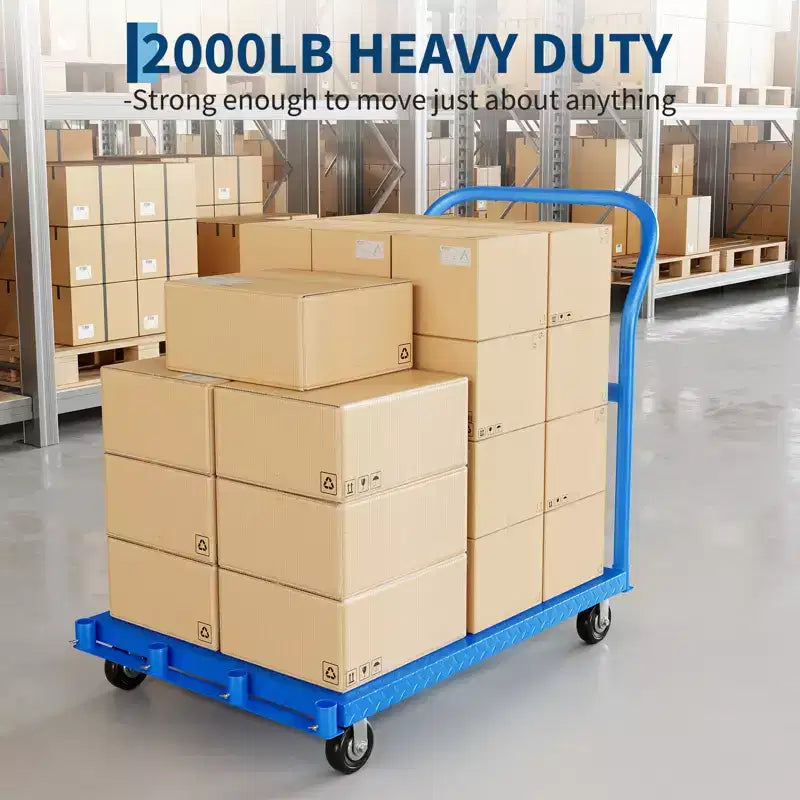 Chariot plat pliable 2-en-1 avec mains courantes, noir / bleu / rouge, capacité de 907 kg, utilisation par 1 personne