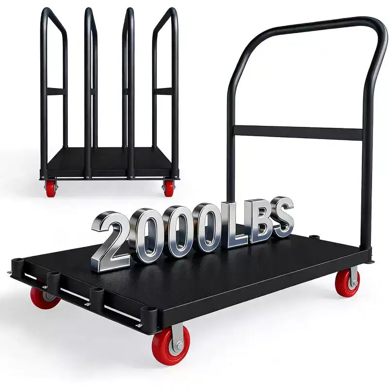2000LBS Heavy Duty Folding Platform Cart with Dual Side Handrails, 5 Inch Swivel Wheels, 37x24 Inch Flatbed Rolling Cart Blue
