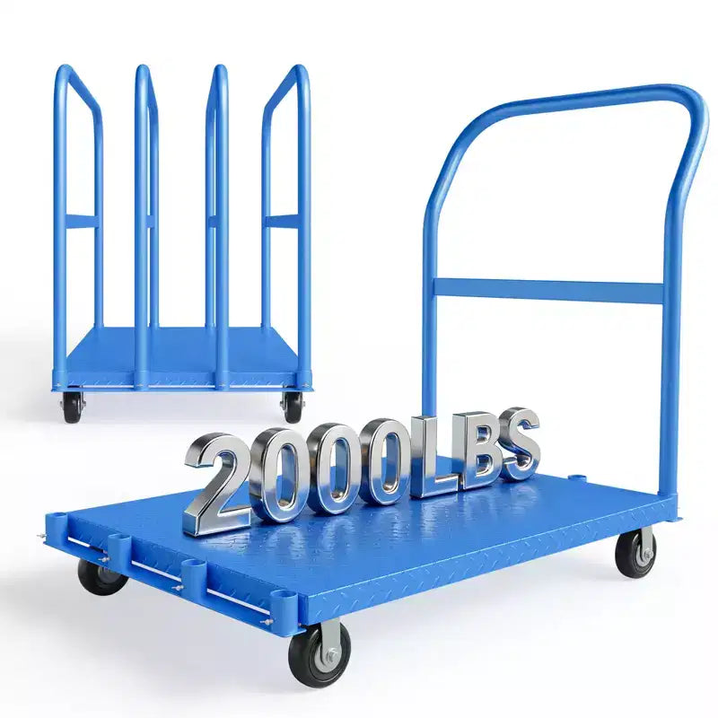 Chariot plat pliable 2-en-1 avec mains courantes, noir / bleu / rouge, capacité de 907 kg, utilisation par 1 personne