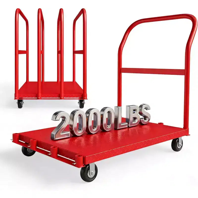 Chariot plat pliable 2-en-1 avec mains courantes, noir / bleu / rouge, capacité de 907 kg, utilisation par 1 personne