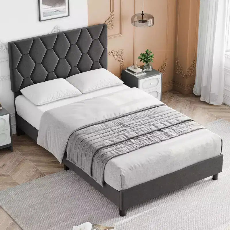 Cadre de lit plateforme rembourré en lin beige / gris clair avec tête de lit réglable – Pour 1