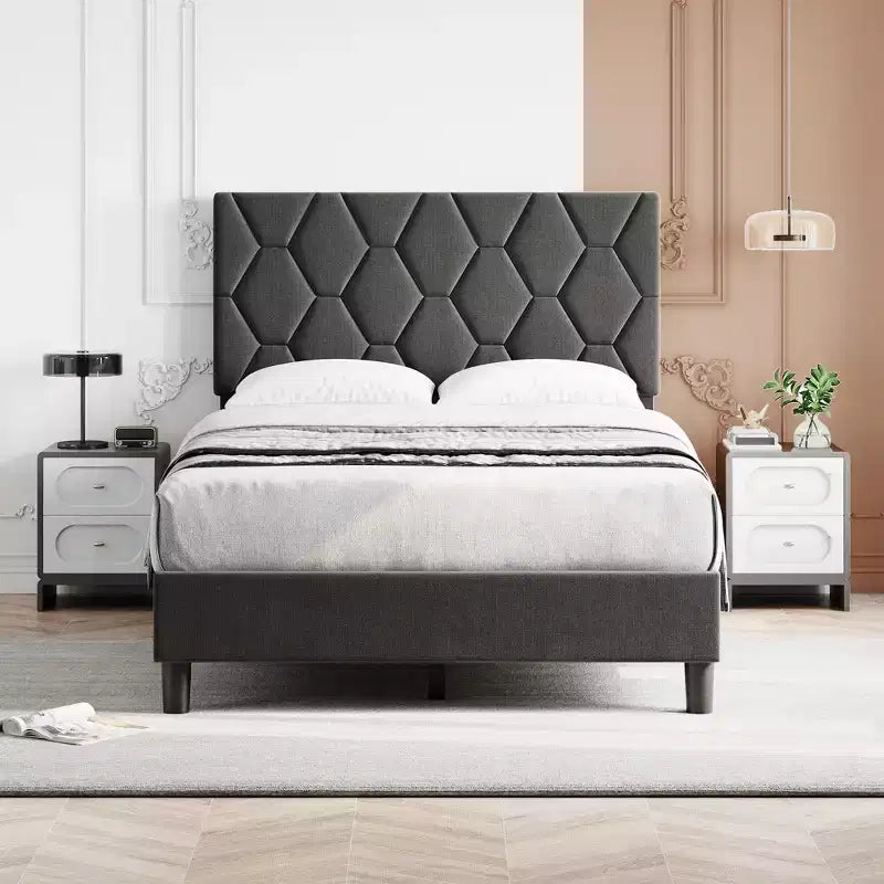 Cadre de lit plateforme rembourré en lin beige / gris clair avec tête de lit réglable – Pour 1