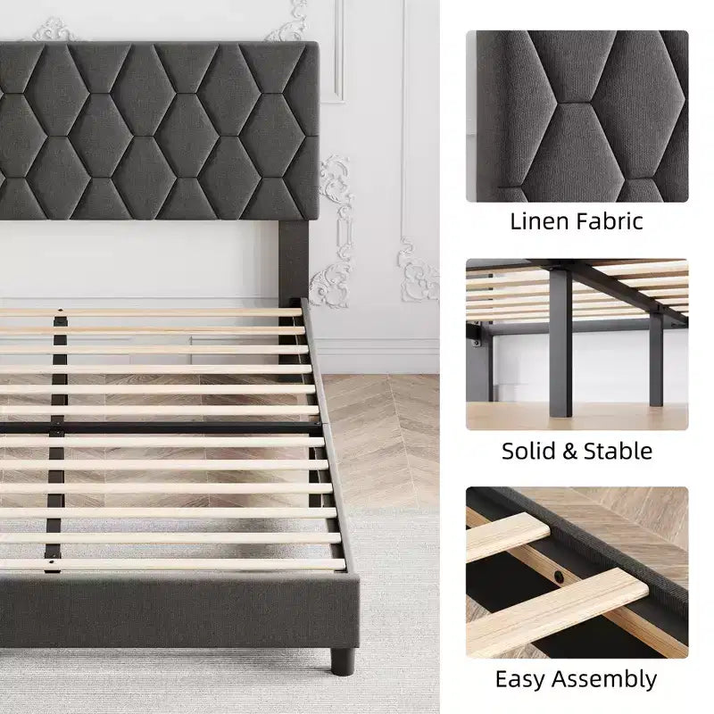 Cadre de lit plateforme rembourré en lin beige / gris clair avec tête de lit réglable – Pour 1