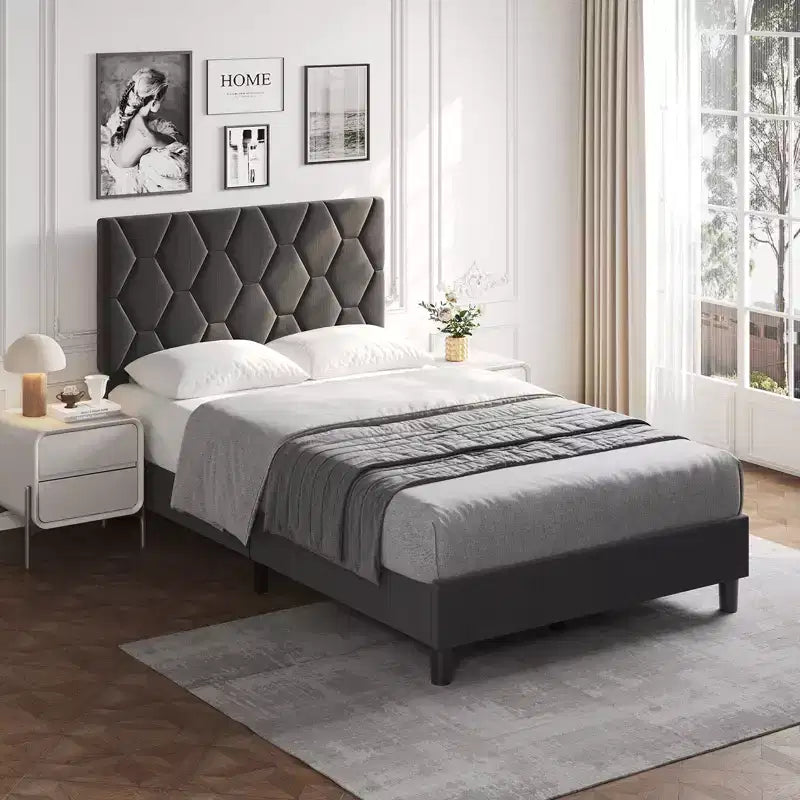Cadre de lit plateforme rembourré en lin beige / gris clair avec tête de lit réglable – Pour 1
