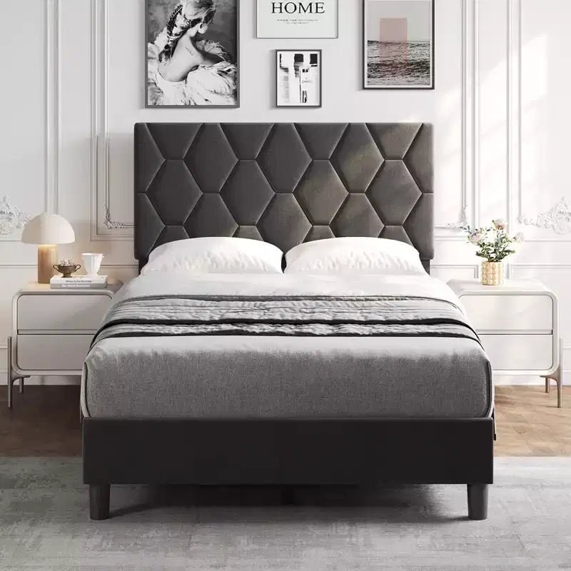 Cadre de lit plateforme rembourré en lin beige / gris clair avec tête de lit réglable – Pour 1