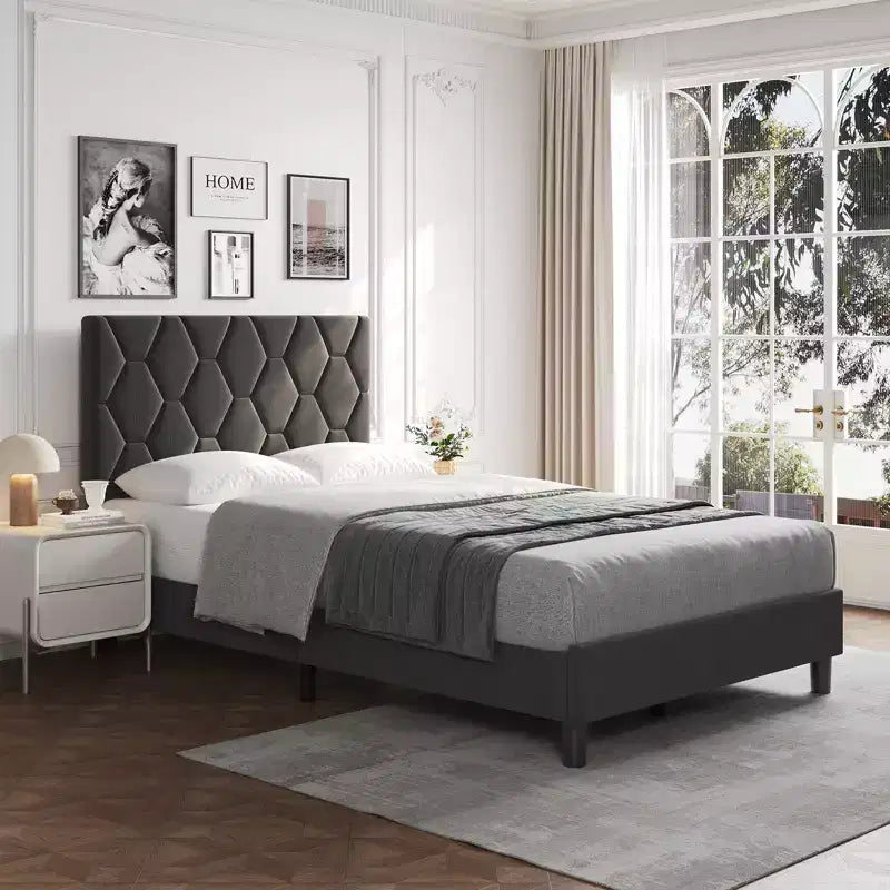 Cadre de lit plateforme rembourré en lin beige / gris clair avec tête de lit réglable – Pour 1