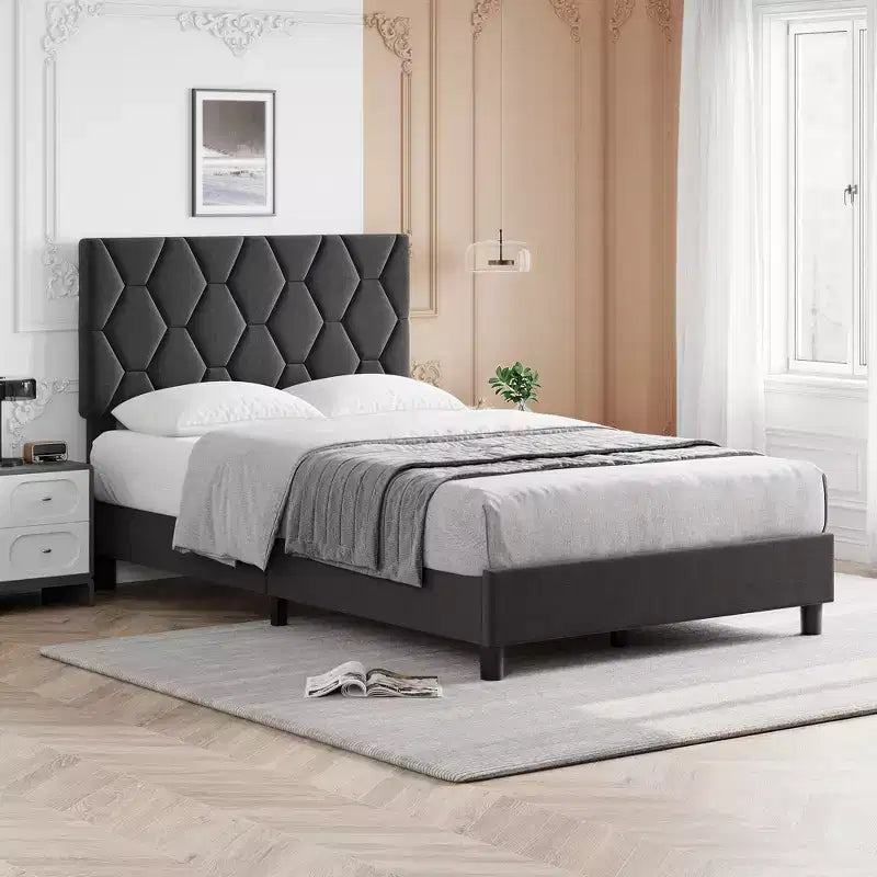 Cadre de lit plateforme rembourré en lin beige / gris clair avec tête de lit réglable – Pour 1
