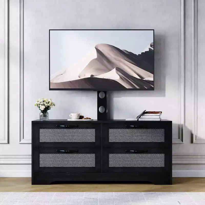 Meuble TV commode de style ferme beige/noir avec portes en rotin – Convient aux téléviseurs jusqu'à 70 po, assemblage à 2 personnes