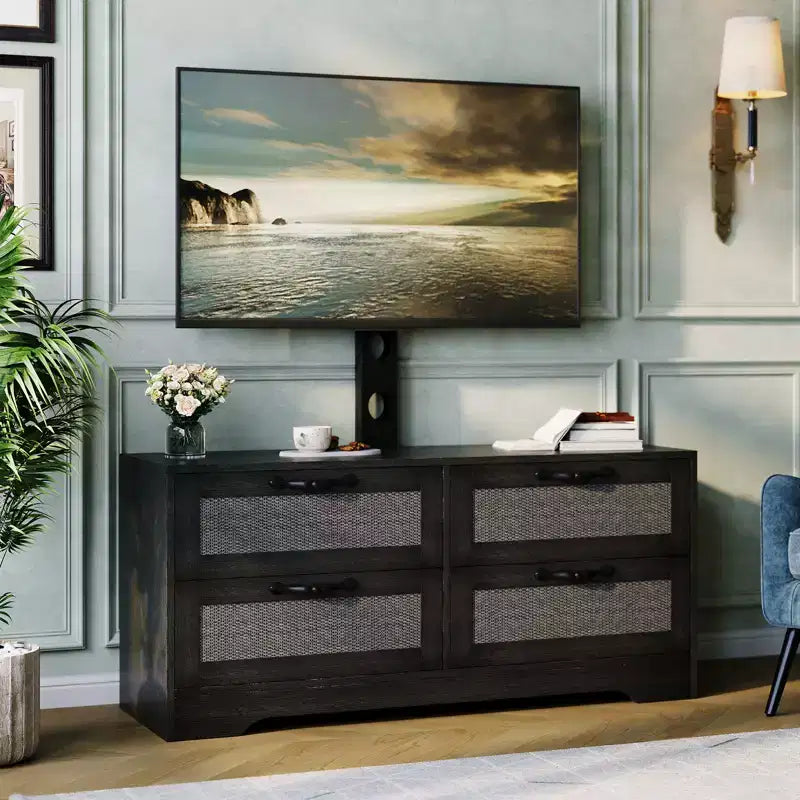 Meuble TV commode de style ferme beige/noir avec portes en rotin – Convient aux téléviseurs jusqu'à 70 po, assemblage à 2 personnes