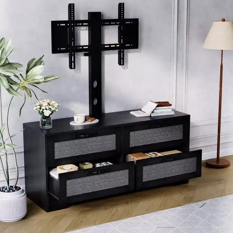 Meuble TV commode de style ferme beige/noir avec portes en rotin – Convient aux téléviseurs jusqu'à 70 po, assemblage à 2 personnes