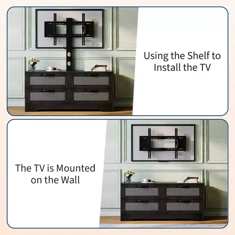 Meuble TV commode de style ferme beige/noir avec portes en rotin – Convient aux téléviseurs jusqu'à 70 po, assemblage à 2 personnes