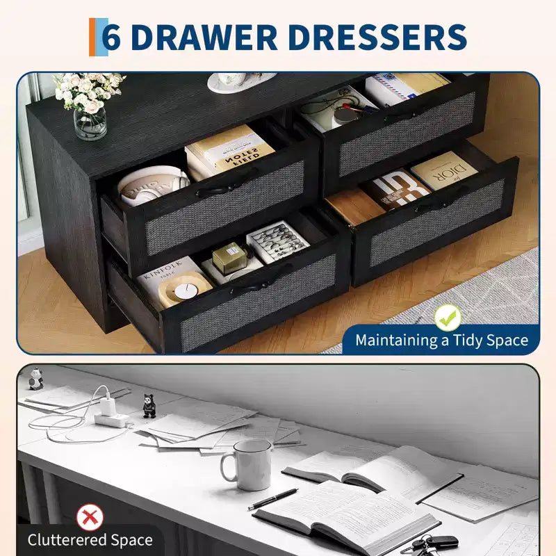 Meuble TV commode de style ferme beige/noir avec portes en rotin – Convient aux téléviseurs jusqu'à 70 po, assemblage à 2 personnes