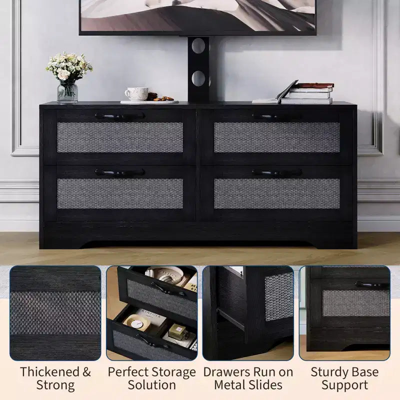 Meuble TV commode de style ferme beige/noir avec portes en rotin – Convient aux téléviseurs jusqu'à 70 po, assemblage à 2 personnes